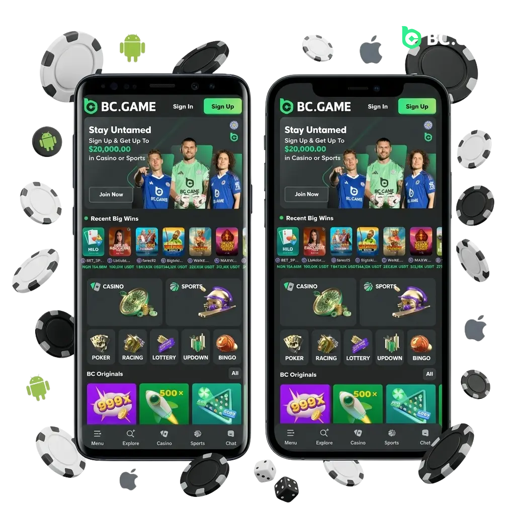 BC Game mobile app interface showing betting and casino options for Indian players on Android and iOS devices